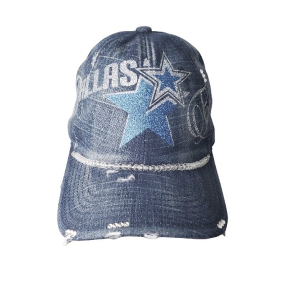 Dallas Football Denim Adj. Cap with Beads, Shiny Lettering, & Swrk. Cry. - Picture 3 of 5